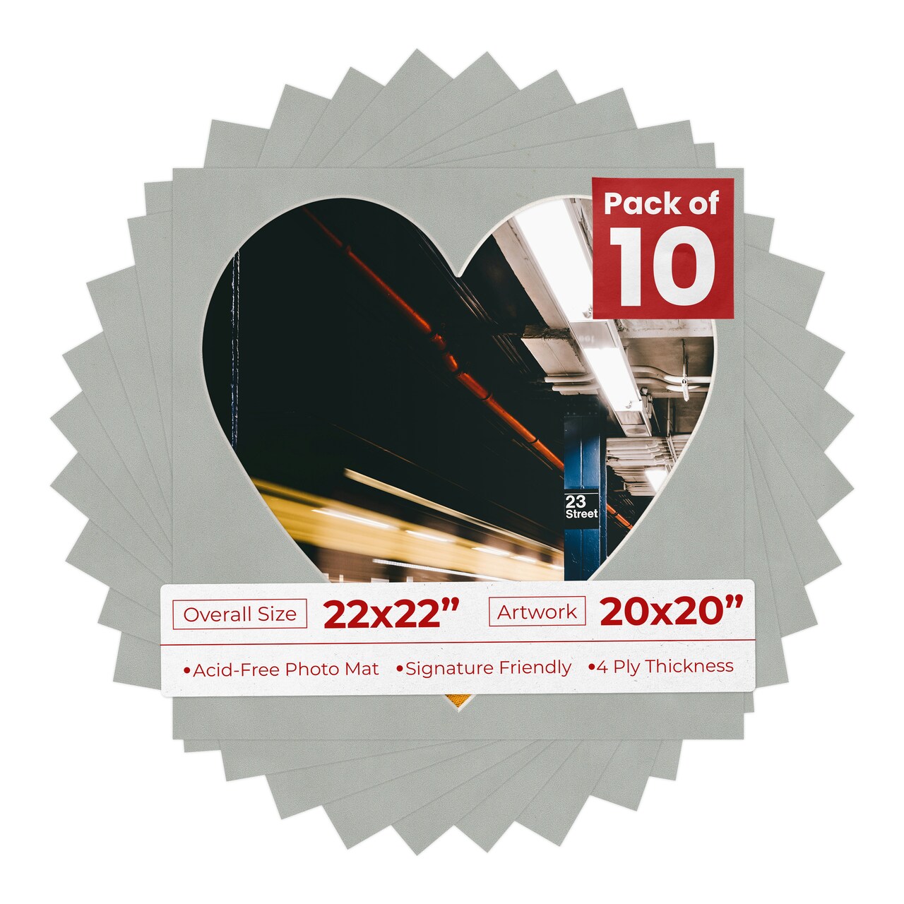 Light Grey Suede Mat Board for 22x22 Frames - Heart Opening for 20x20 Photos